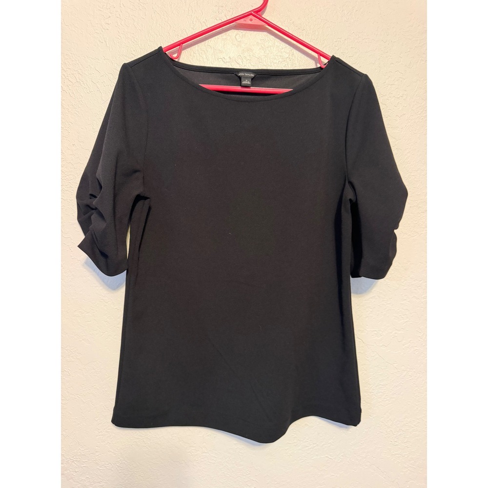 Ann Taylor Black Boat Neck Ruched Elbow Sleeve Blouse Top Medium